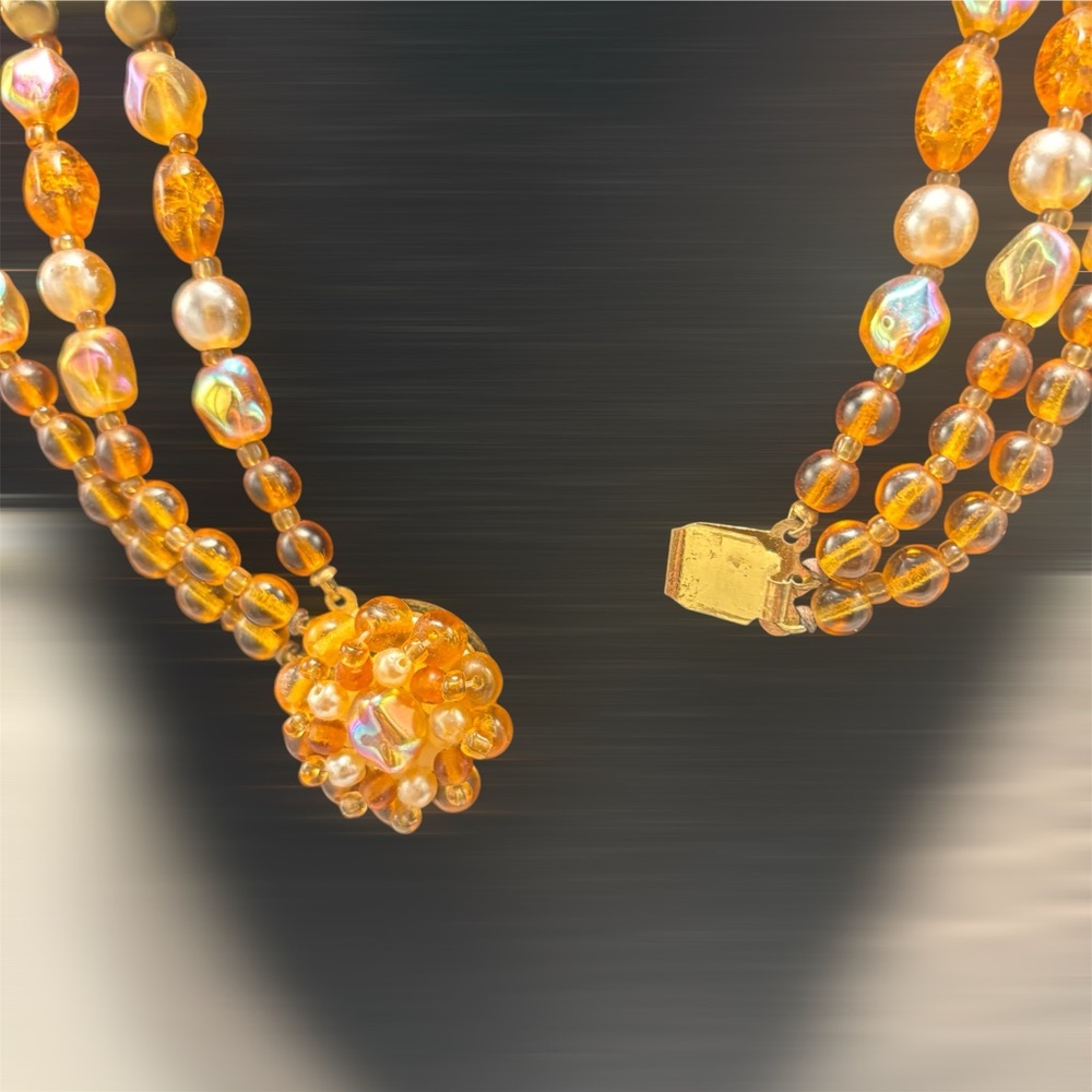 Amber 3 Strand Necklace Triple Strand with Beaded Front or Back Clasp - Picture 6 of 7